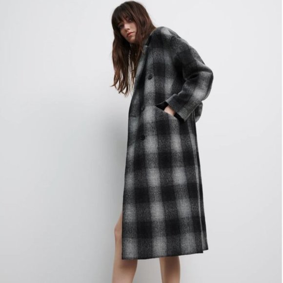 ZARA Women New PLAID CHECK DOUBLE BREASTED MANTECO 100% WOOL COAT Gray A… - Picture 11 of 16